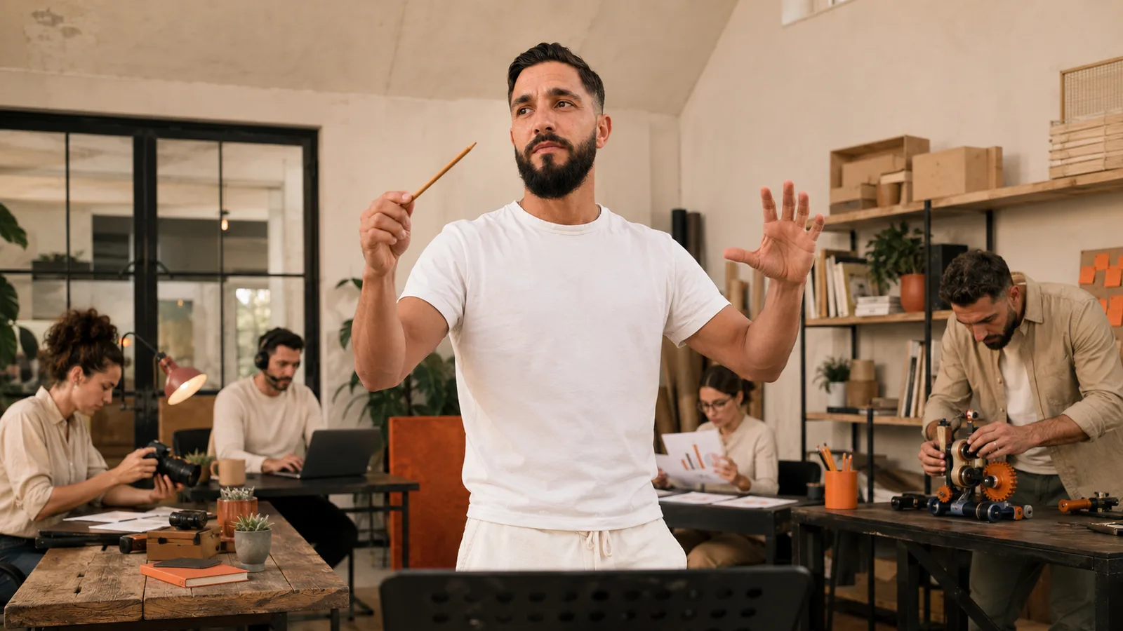 5 métiers IA sans code à intégrer dans votre PME en 2026 Romain Hélias dirige comme un chef d'orchestre une équipe au travail : les métiers IA sans code à orchestrer en PME