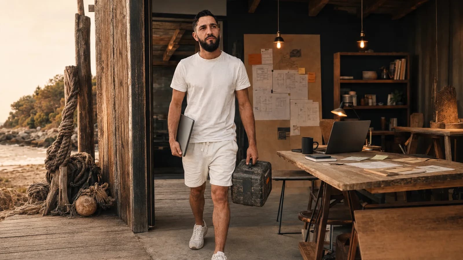 Du terrain au product builder IA : comment j'ai appris à construire ET à vendre Romain Hélias quitte un atelier en bord de mer, ordinateur et caisse à outils à la main : du terrain au product builder IA
