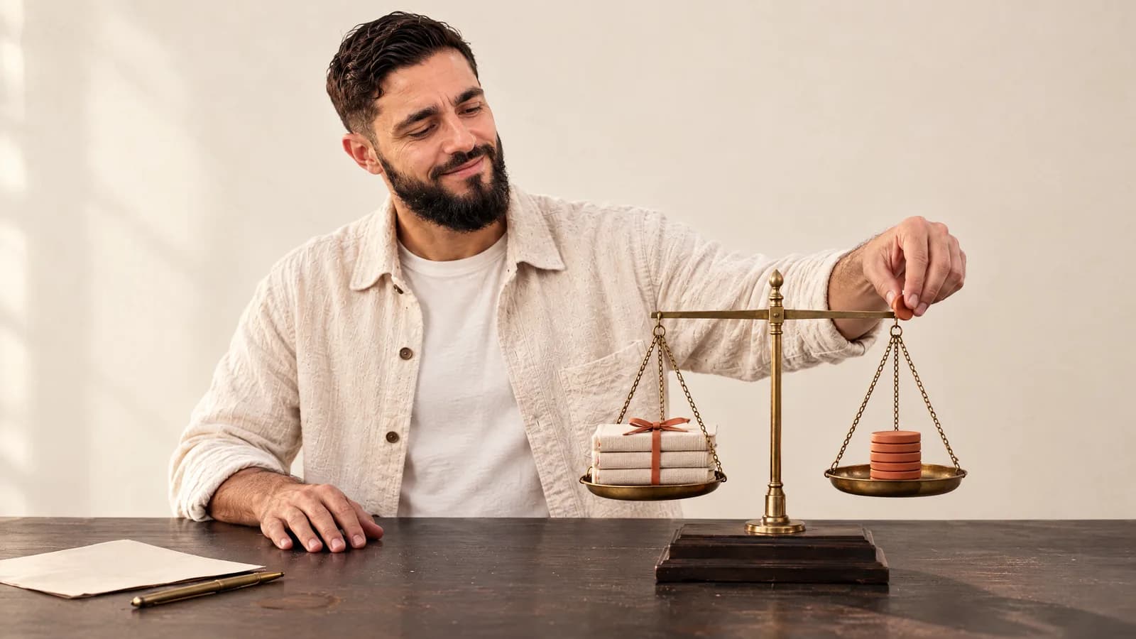 Formation IA : qui paie, en 2026 ? Romain Hélias pose un dernier jeton terracotta sur une balance en laiton dont l'autre plateau porte trois carnets de formation, les deux plateaux à l'équilibre