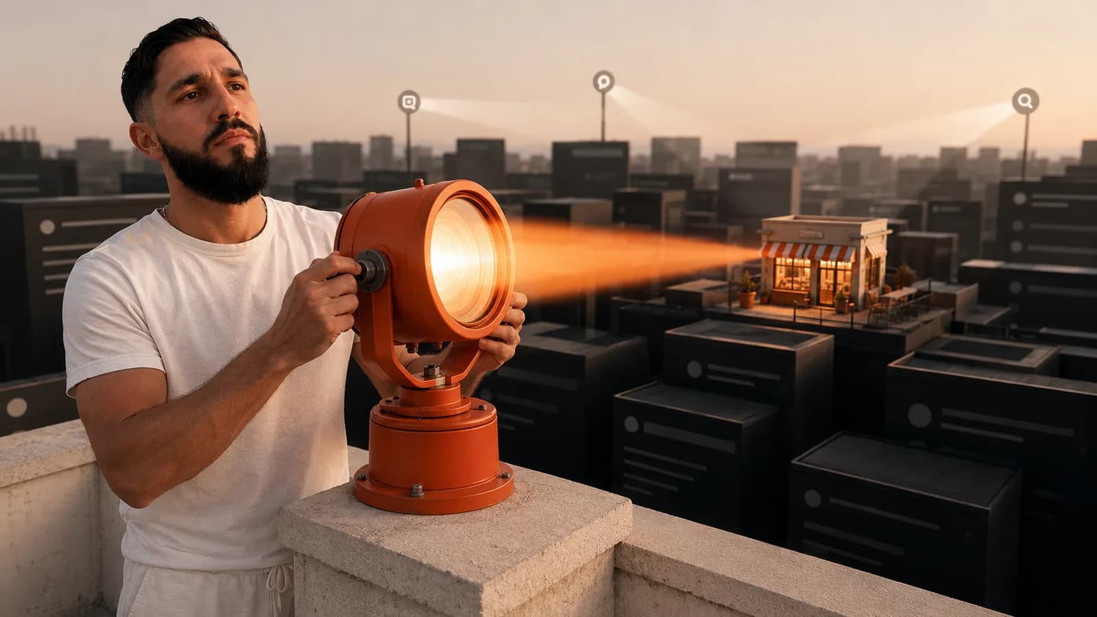 GEO : comment rendre votre PME visible des IA en 2026 Romain Hélias braque un projecteur sur le seul immeuble éclairé d'une ville sombre : rendre sa PME visible des IA