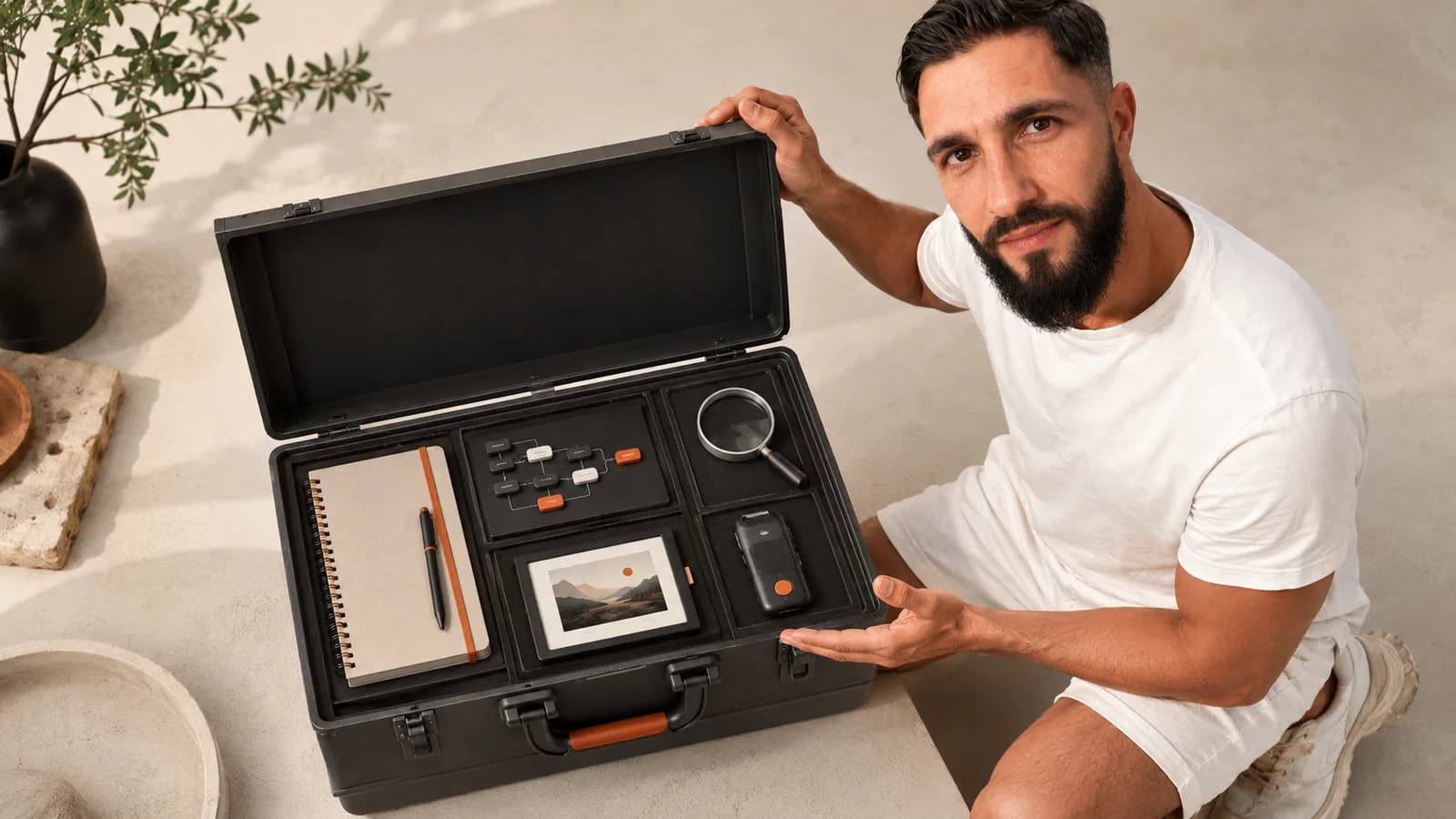 Le kit de démarrage IA : les 5 outils gratuits pour commencer aujourd'hui Romain Hélias ouvre une mallette où cinq outils sont rangés côte à côte : le kit de démarrage IA gratuit
