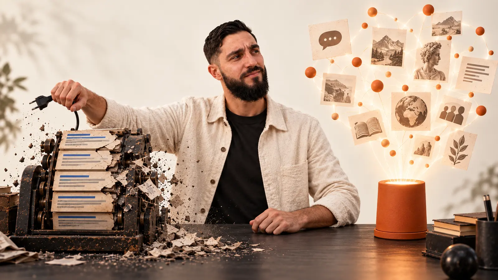 Le SEO est mort Romain Hélias débranche une vieille machine à liens bleus pendant qu'un projecteur terracotta fait émerger un réseau de sources citées par les IA