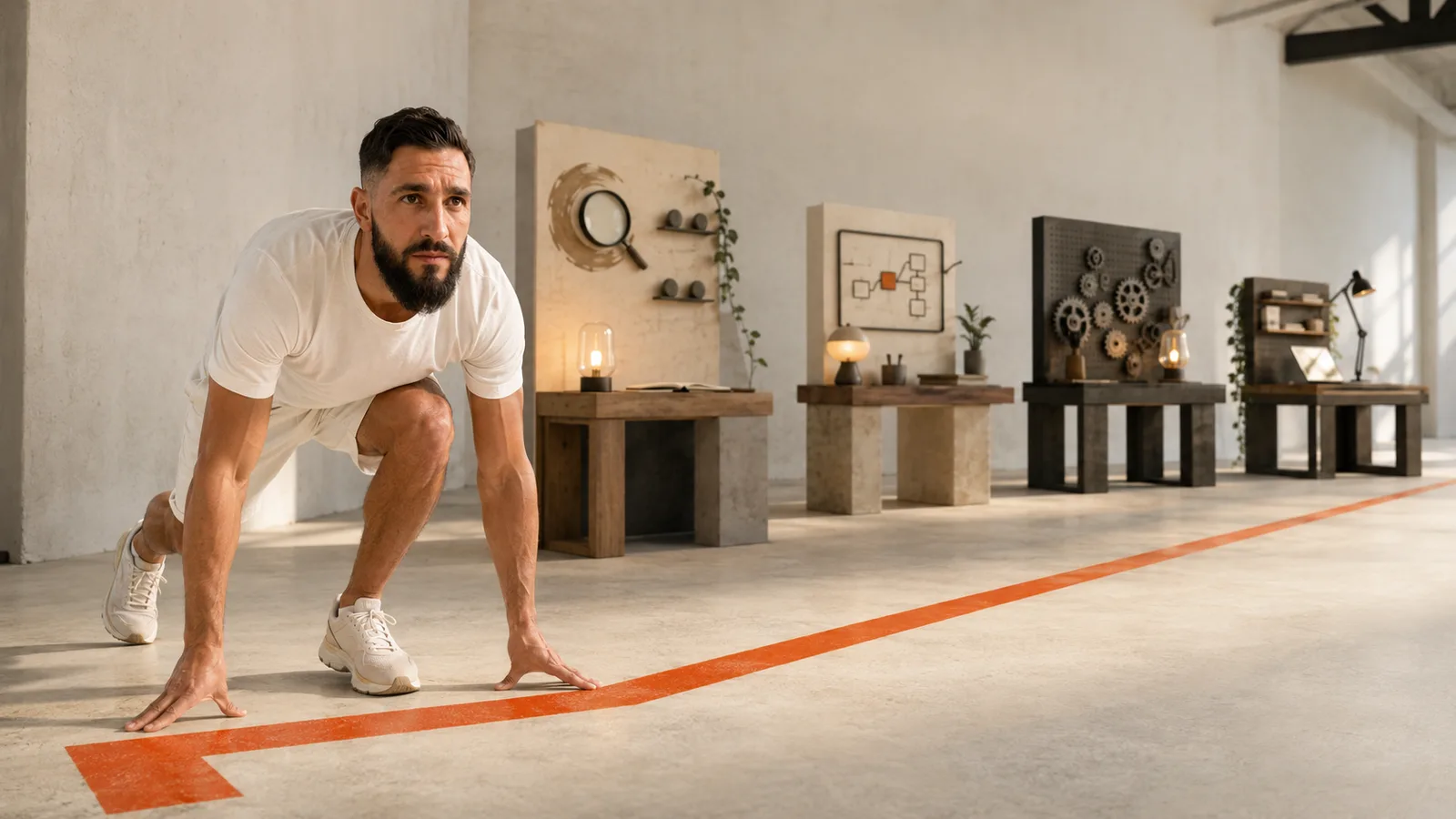Te lancer dans l'IA : par où commencer quand tu pars de zéro Romain Hélias en position de départ sur une ligne orange qui traverse un atelier : se lancer dans l'IA, première étape