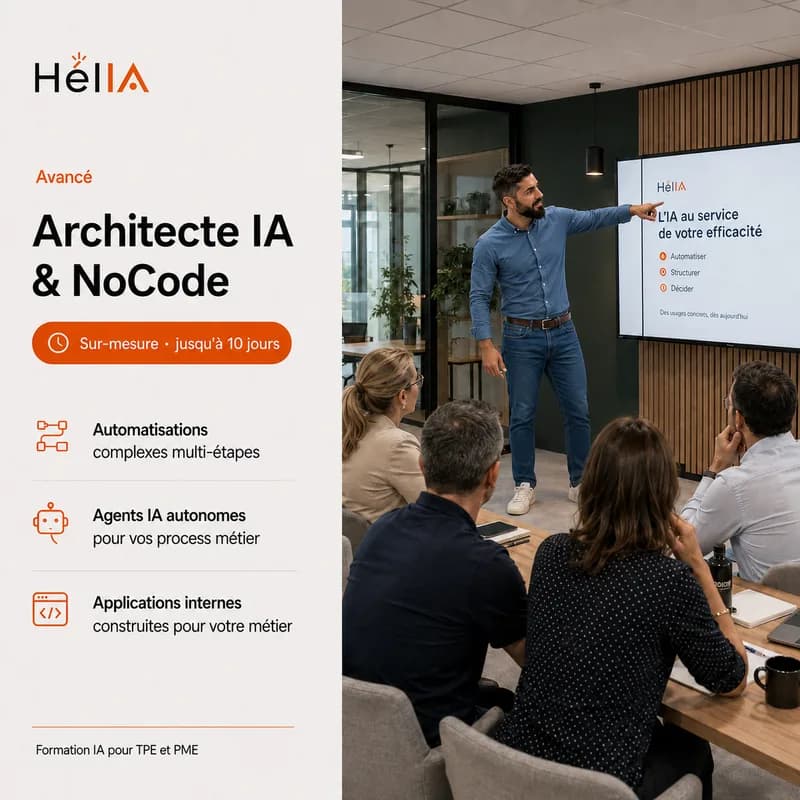 Visuel de la formation Architecte IA et NoCode : parcours sur-mesure, agents IA autonomes et applications internes