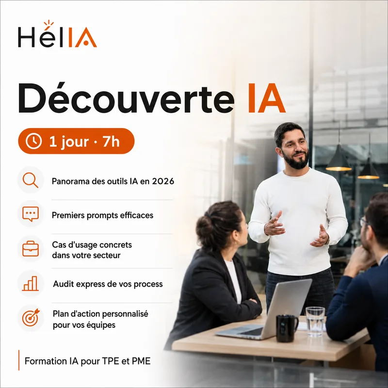 Visuel de la formation Découverte IA : 1 jour, panorama des outils, premiers prompts, cas d'usage et plan d'action