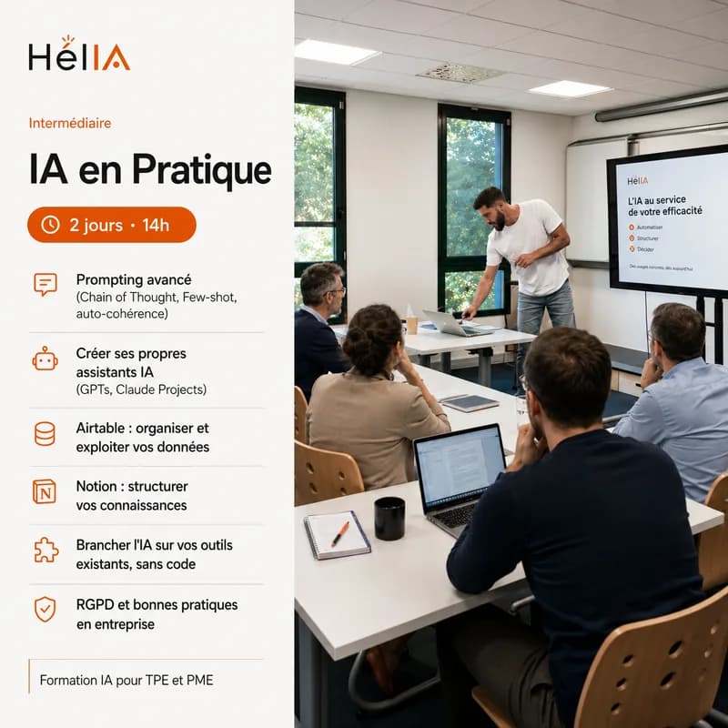 Visuel de la formation IA en Pratique : 2 jours, prompting avancé, assistants IA et automatisations NoCode